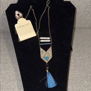 Coldwater Creek Blue and Gold Tassel Necklace